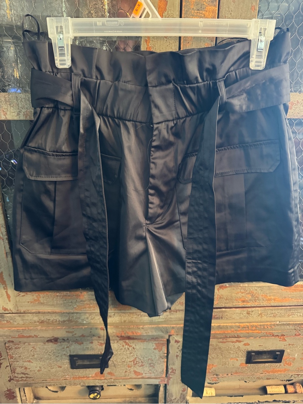 Zara Black Satin High-Waist Paperbag Shorts with Tie